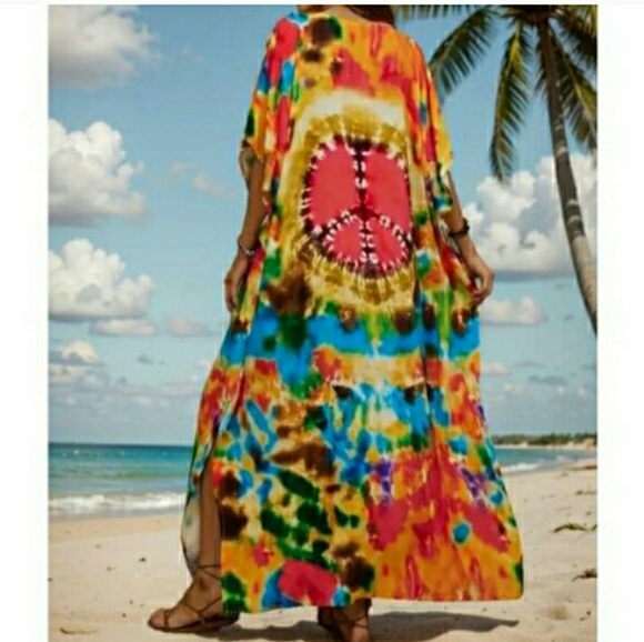 Kaftan Dress Tie Dye Peace Maxi Cover Up 1X ✌️NEW - Picture 4 of 10